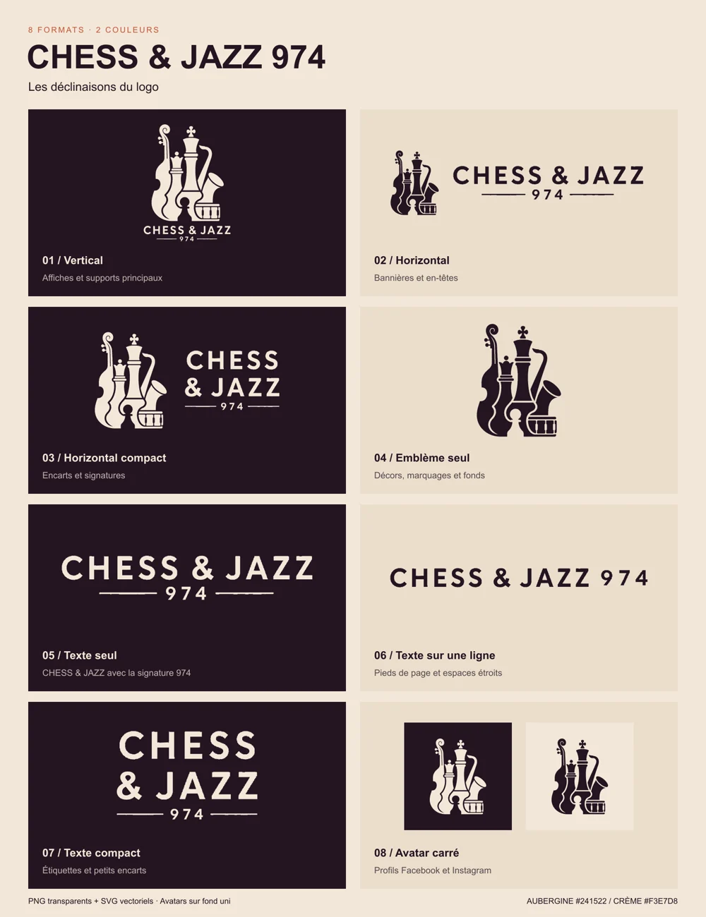 Planche des déclinaisons du logo Chess & Jazz 974&nbsp;: vertical, horizontal, emblème seul, texte seul et avatar carré, en crème et aubergine.
