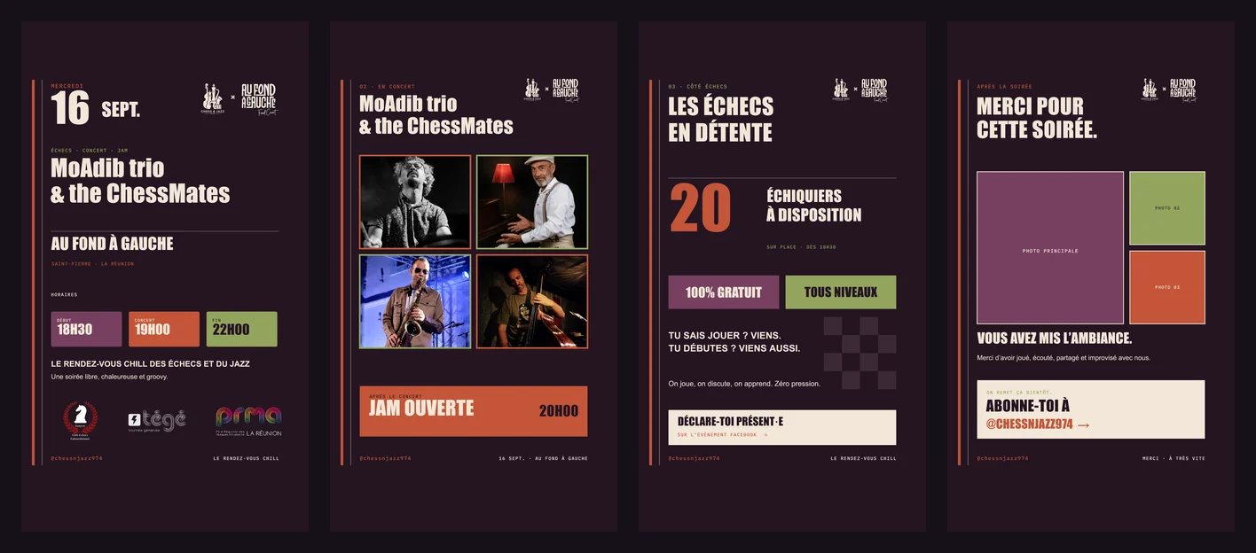 Quatre stories verticales Chess & Jazz 974 reprenant les visuels des posts.