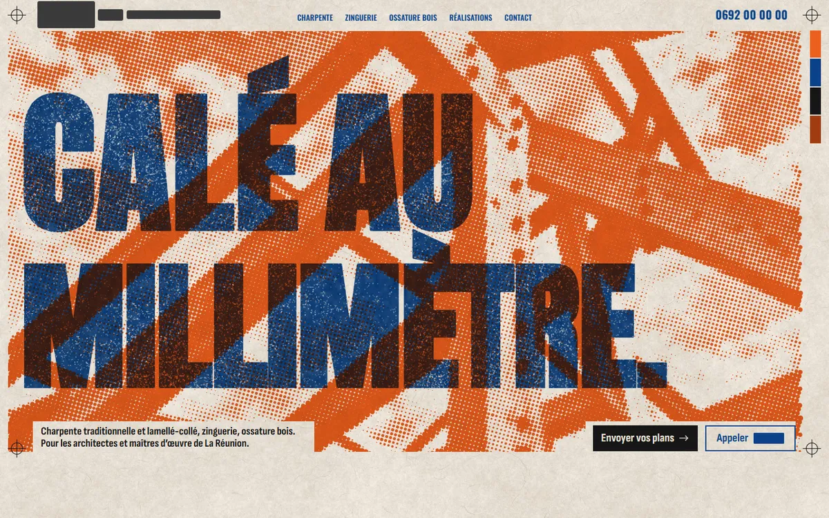 Maquette de site pour un charpentier, style affiche risographie orange et bleu, titre «&nbsp;Calé au millimètre.&nbsp;» Nom masqué.