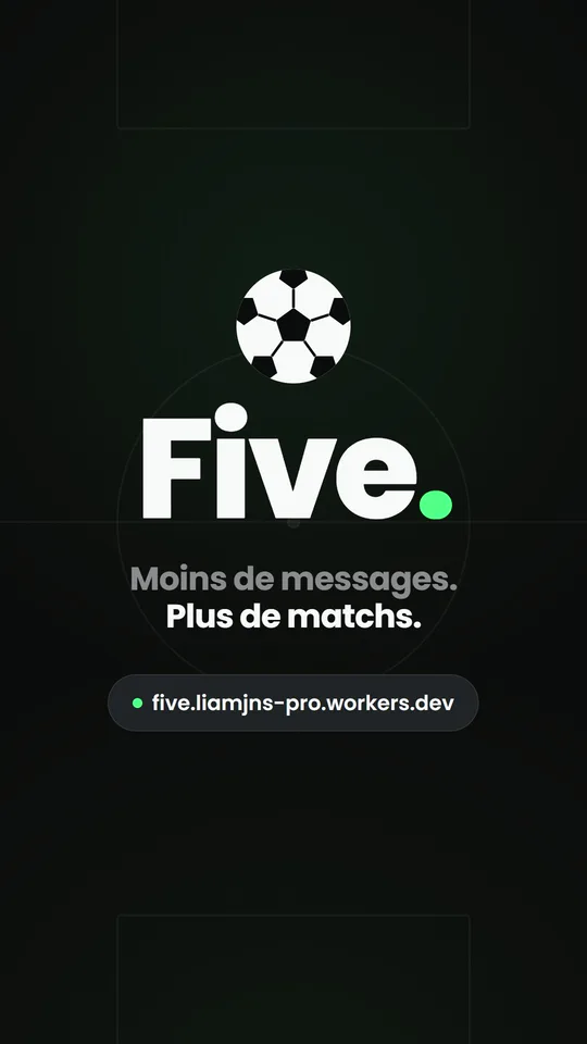 Fin de la vidéo de présentation&nbsp;: logo Five et slogan «&nbsp;Moins de messages. Plus de matchs.&nbsp;»