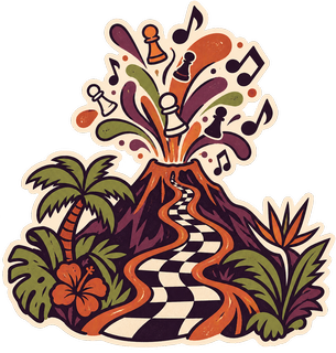 Sticker d’un volcan d’où coule un damier.